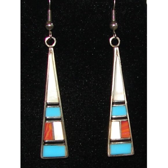 Zuni Turquoise Inlay Sterling Silver Dangle EARRINGS, Spiney Oyster, MOP D24 - Picture 2 of 9